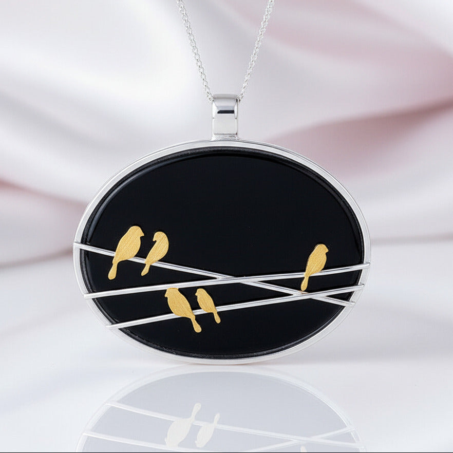 Natural Agate Lovely Birds Pendant-Black Diamonds New York