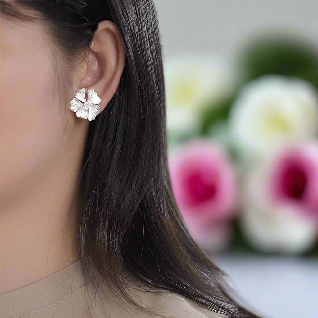 Elegant Big Peony Flower Stud Earrings-Black Diamonds New York