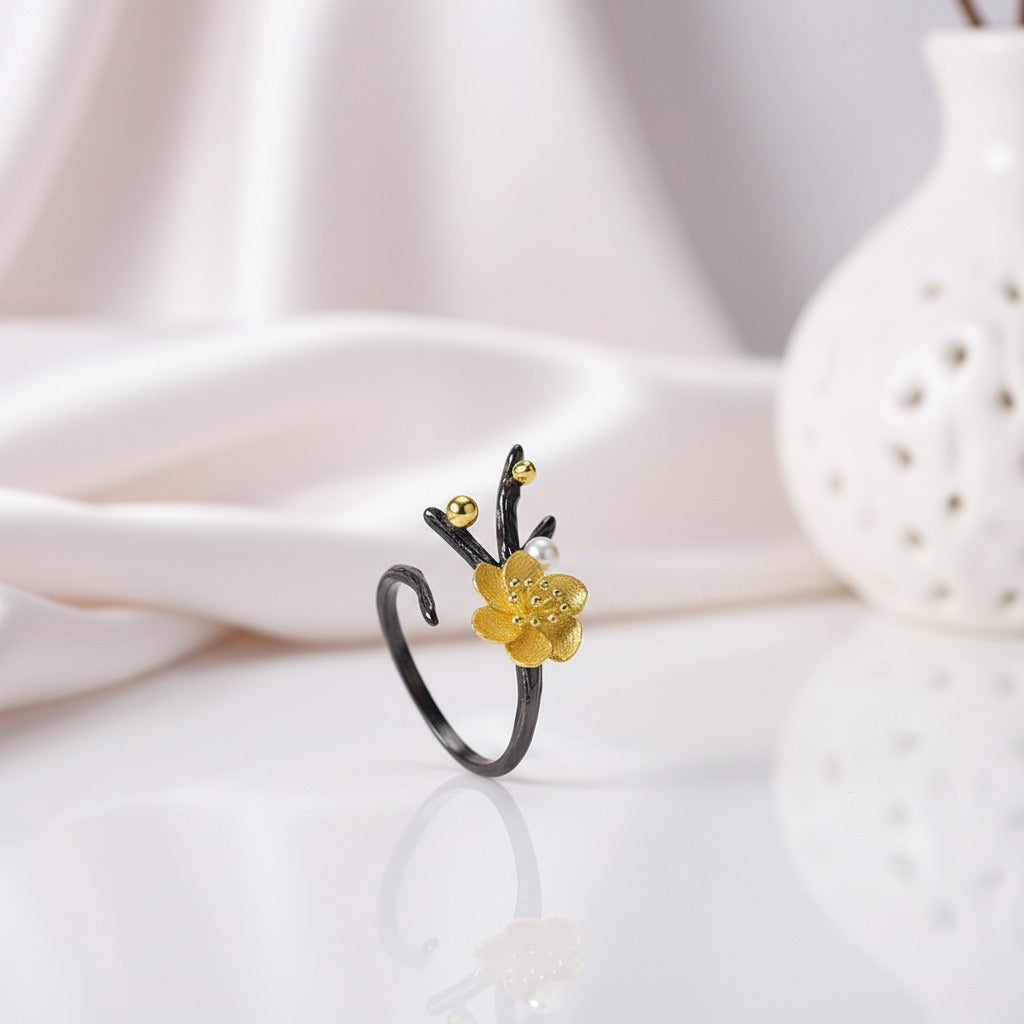 Vintage Winter Blossom & Snow Flower Ring-Black Diamonds New York