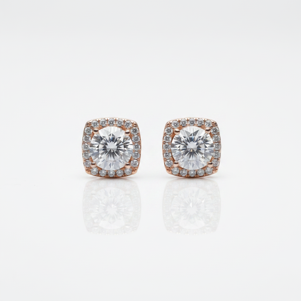 A pair of square cushion-cut halo stud earrings featuring a central clear gemstone surrounded by a halo of smaller clear stones in rose gold, set against a clean white background with a soft reflection below.