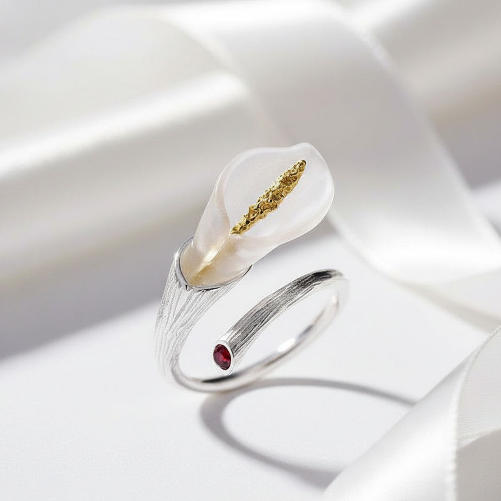Calla Lily Flower Adjustable Ring-Black Diamonds New York