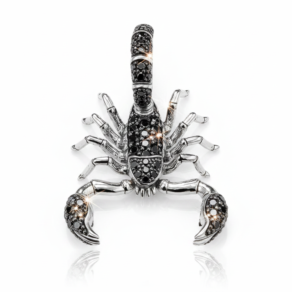 A silver-toned scorpion pendant embellished with small black stones, shown against a plain white background.