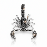 A silver-toned scorpion pendant embellished with small black stones, shown against a plain white background.