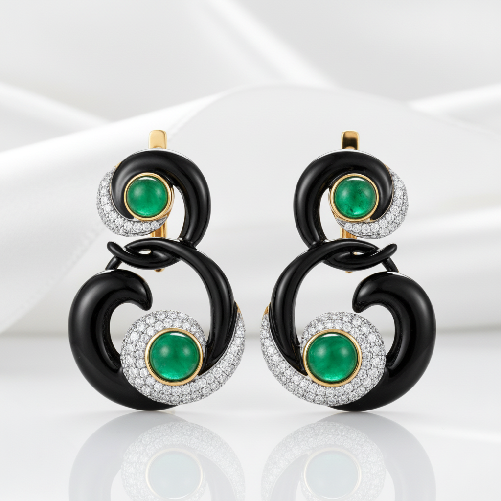 Black Enamel Curved Earrings with Diamond Option-Black Diamonds New York