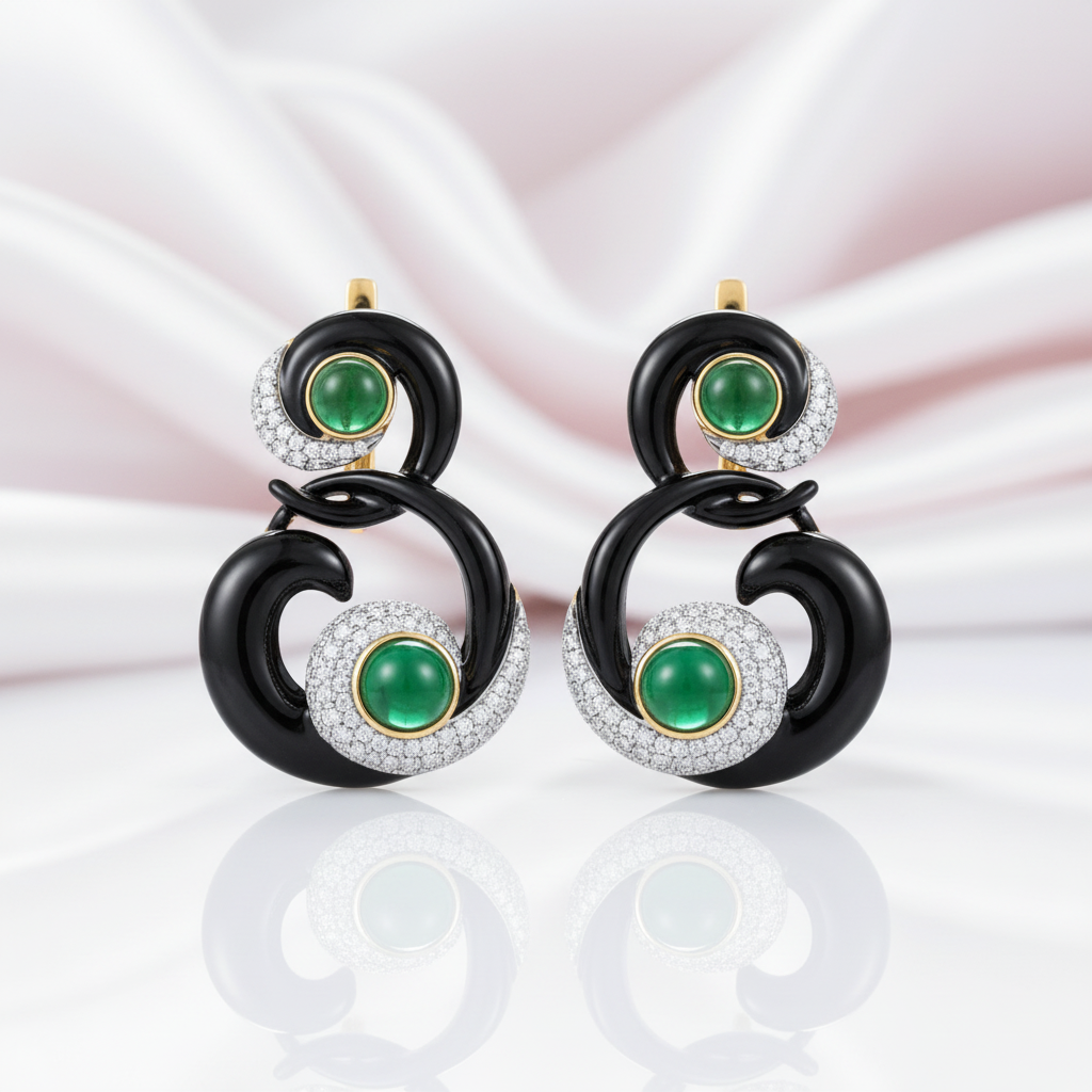 Black Enamel Curved Earrings with Diamond Option-Black Diamonds New York