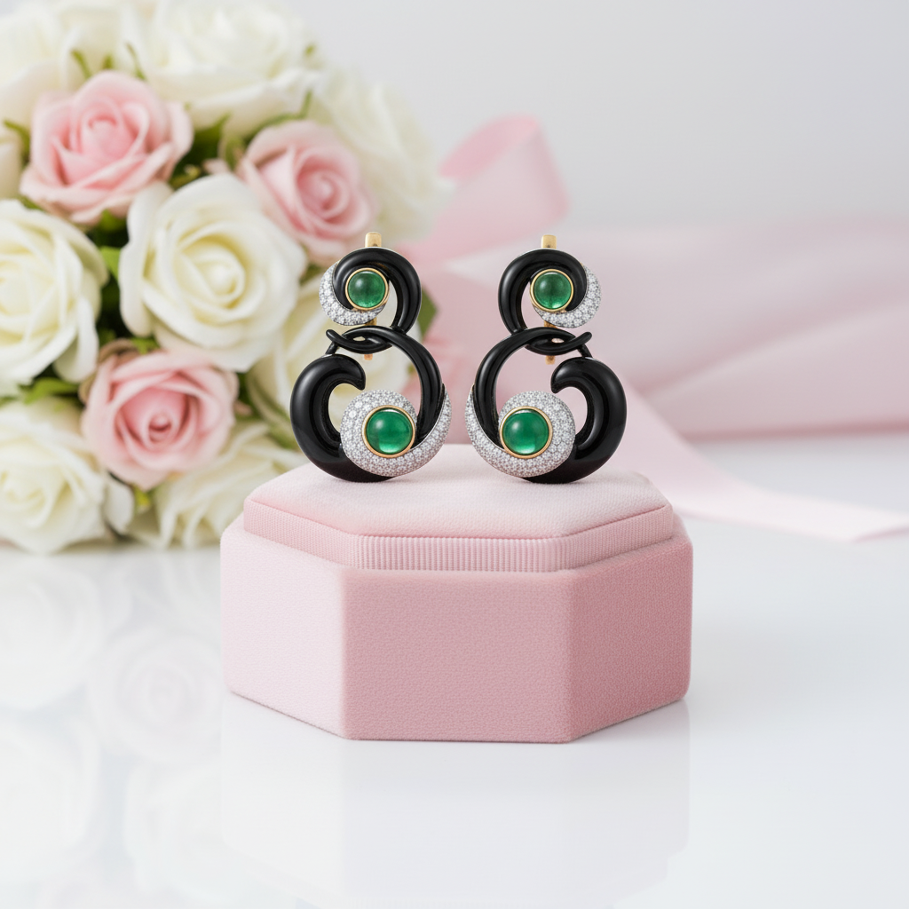 Black Enamel Curved Earrings with Diamond Option-Black Diamonds New York