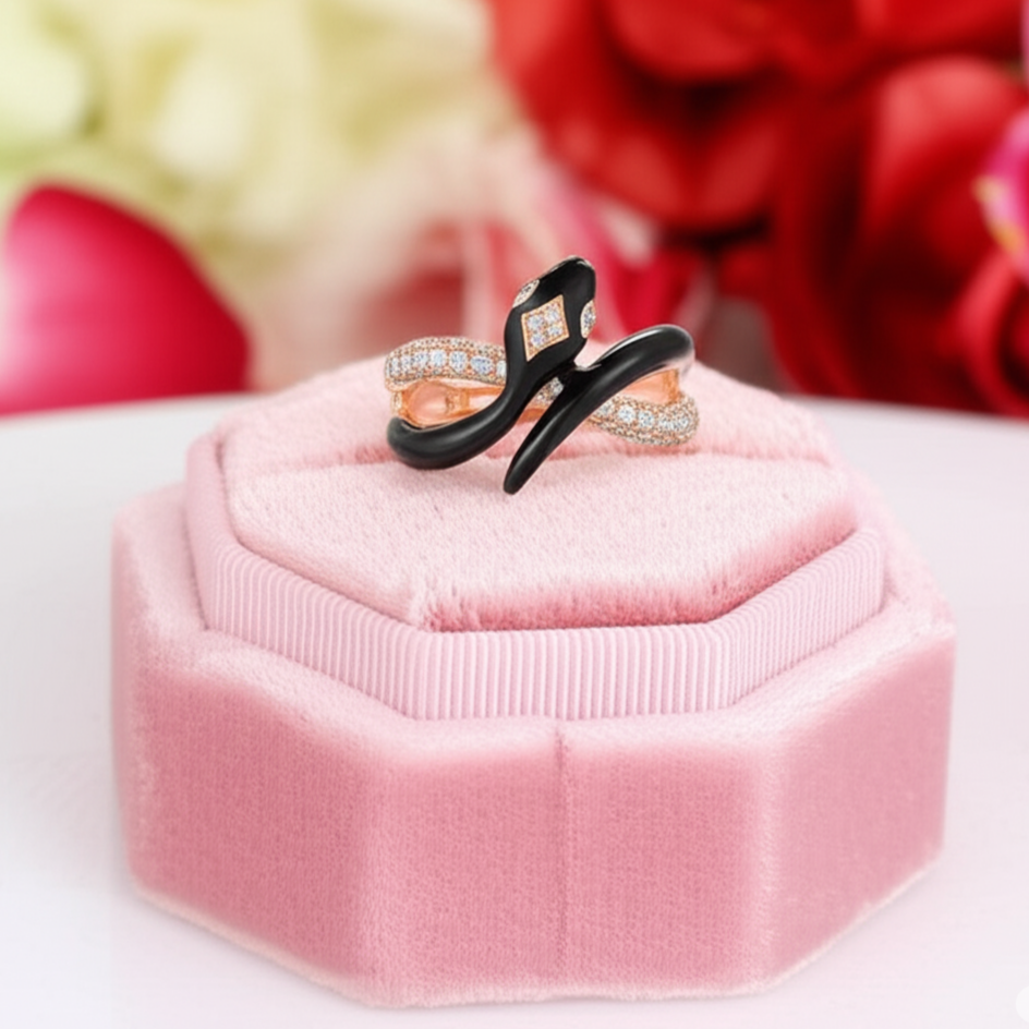 Black Enamel Wild Snake Rose Gold Ring-Black Diamonds New York