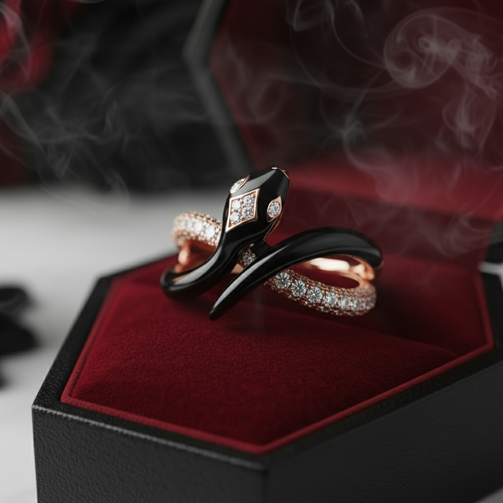 Black Enamel Wild Snake Rose Gold Ring-Black Diamonds New York