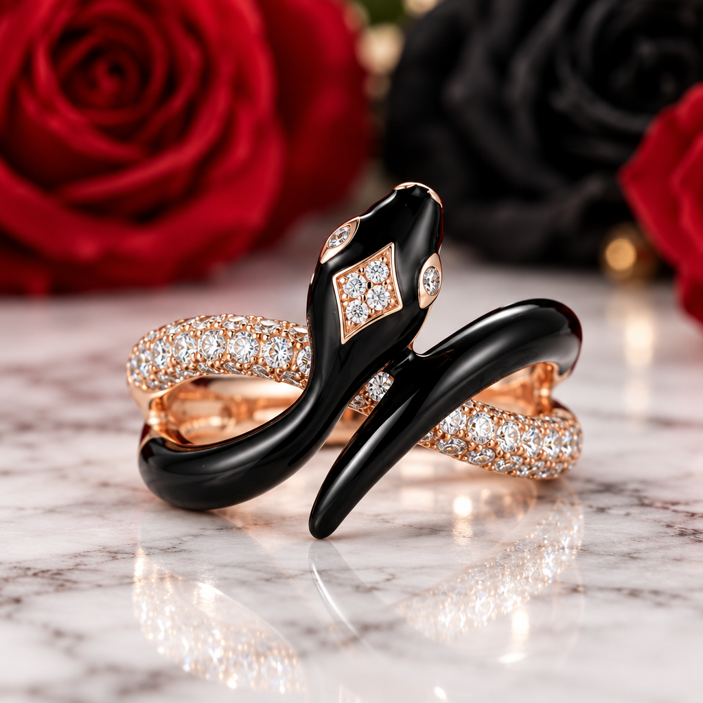Black Enamel Wild Snake Rose Gold Ring-Black Diamonds New York