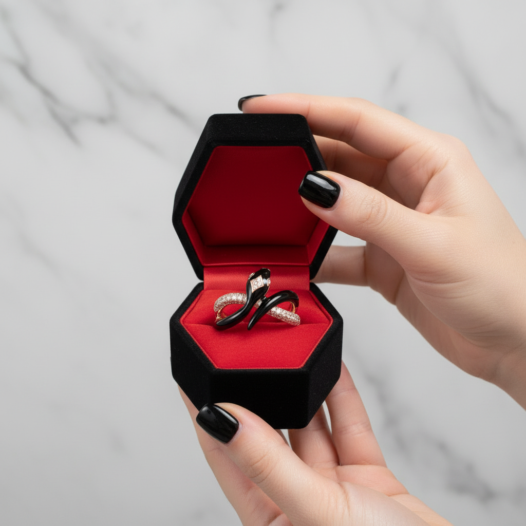 Black Enamel Wild Snake Rose Gold Ring-Black Diamonds New York