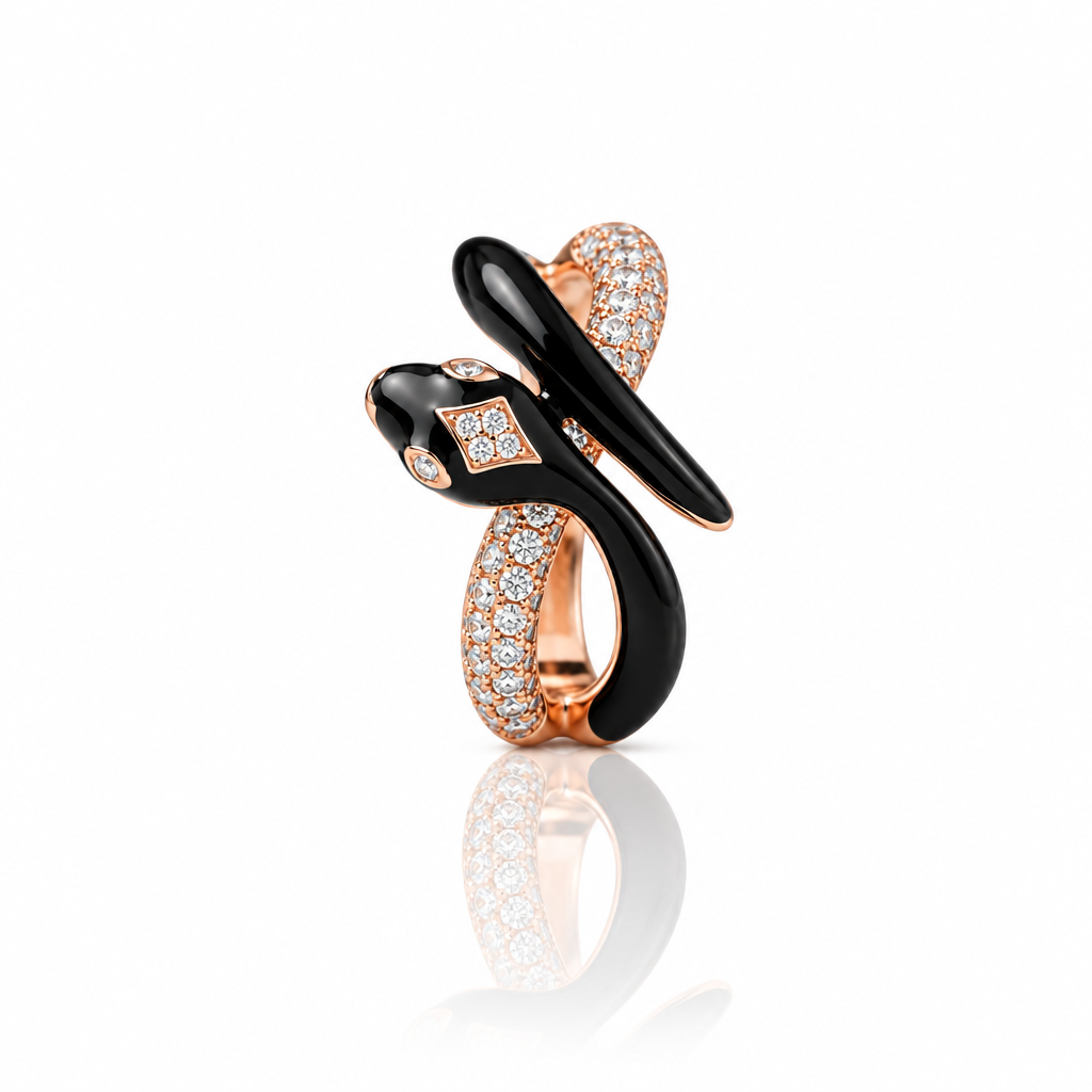 Black Enamel Wild Snake Rose Gold Ring-Black Diamonds New York