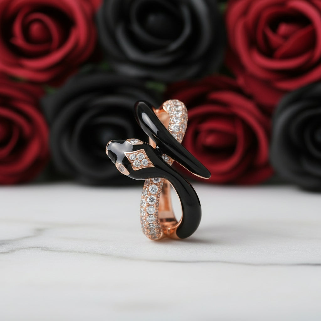 Black Enamel Wild Snake Rose Gold Ring-Black Diamonds New York
