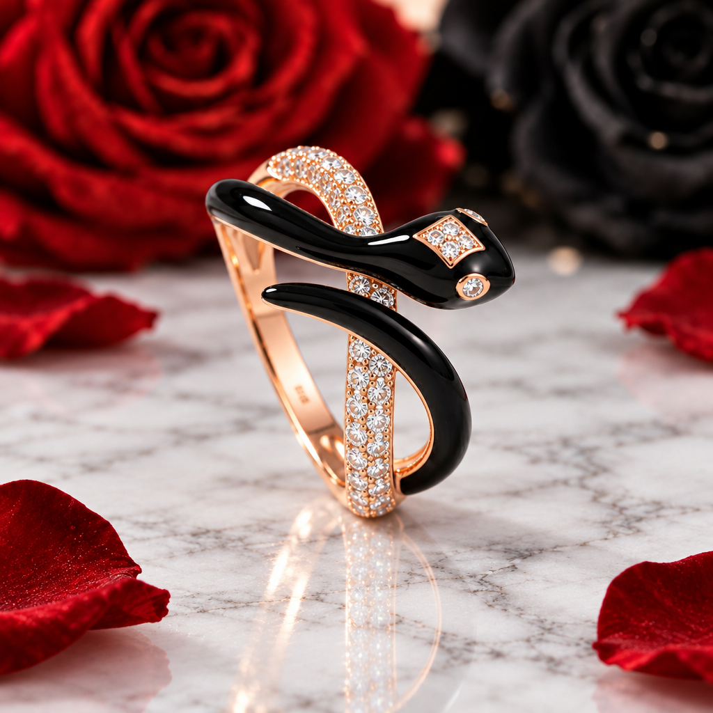 Black Enamel Wild Snake Rose Gold Ring-Black Diamonds New York