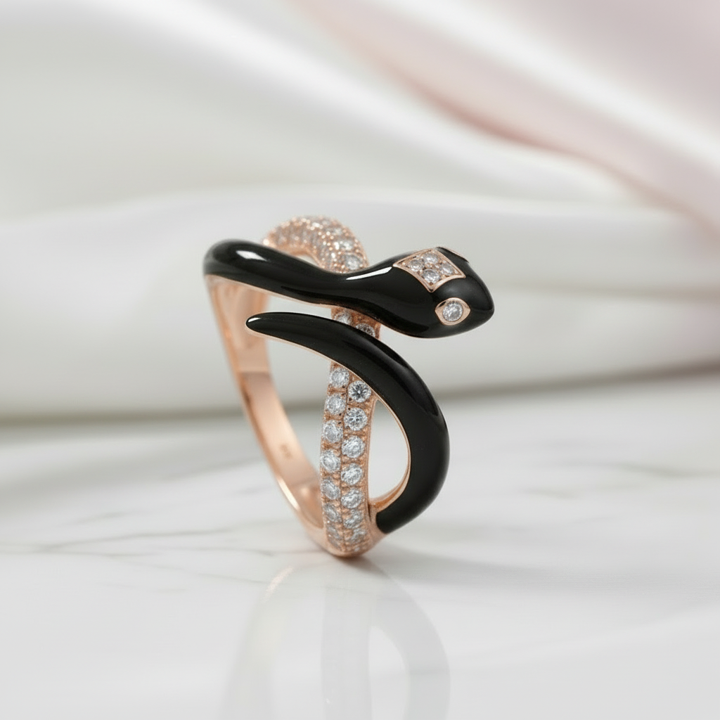 Black Enamel Wild Snake Rose Gold Ring-Black Diamonds New York