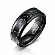 Black Leaves and Green Carbon Fiber Inlay Beveled Edge Tungsten Men's Ring-Black Diamonds New York