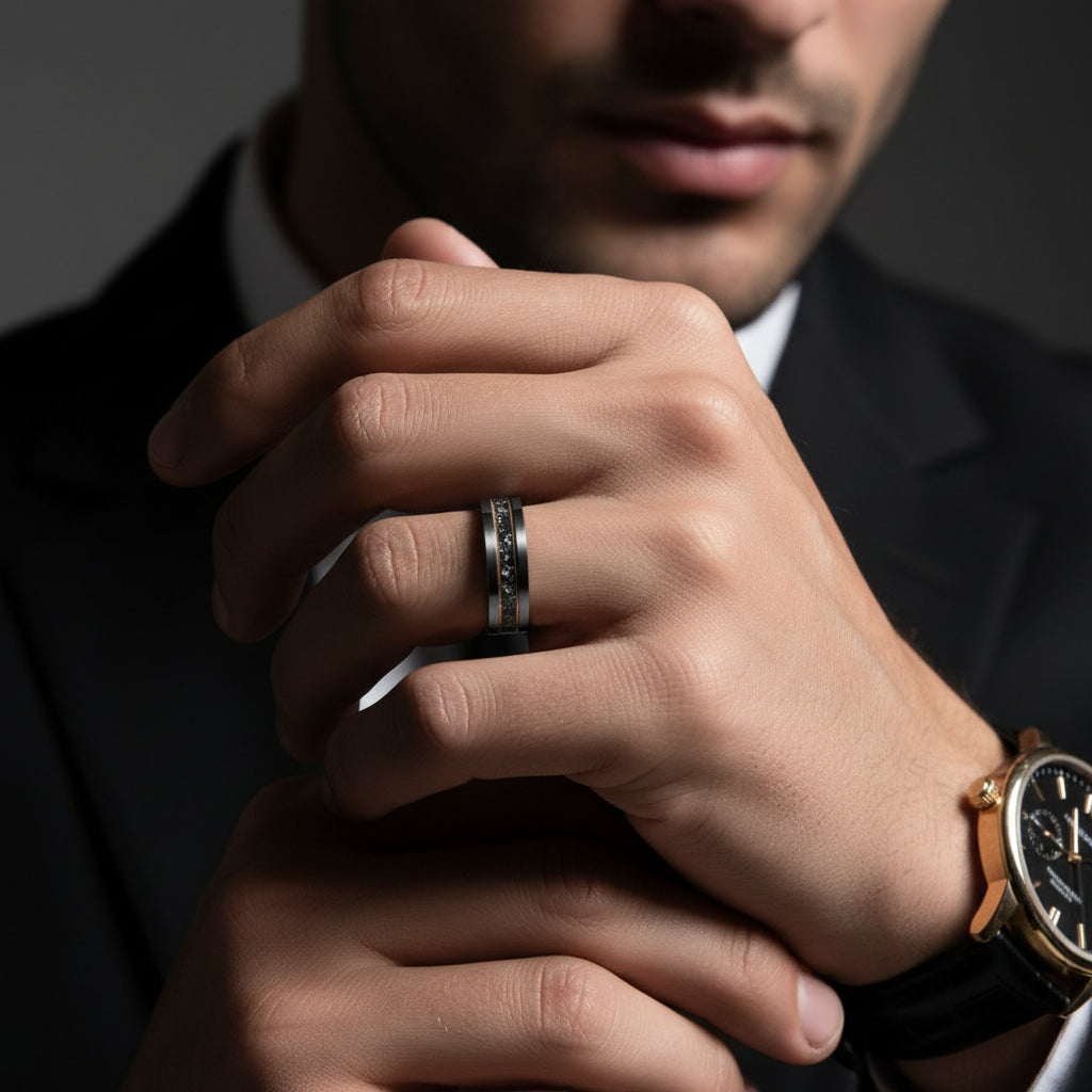 Black Meteorite Tungsten Carbide Men's Ring-Black Diamonds New York