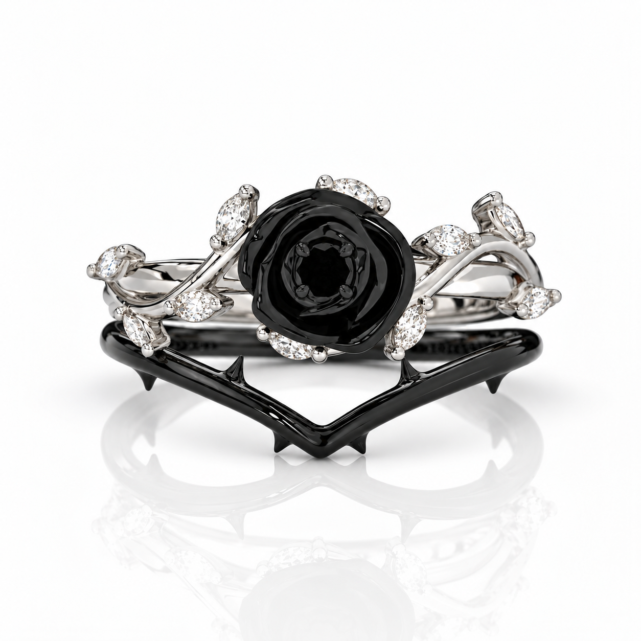 Black Rose- .50ct Round Cut Diamond Option 14k Gold Modern Goth Engagement Ring-Black Diamonds New York