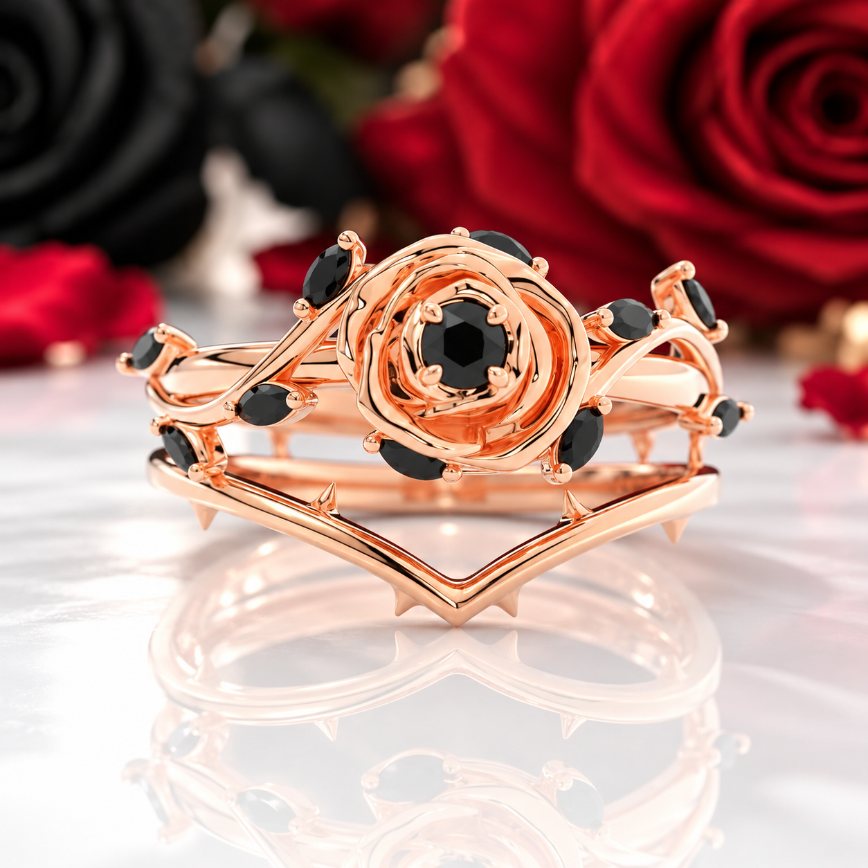 Black Rose- .50ct Round Cut Diamond Option 14k Gold Modern Goth Engagement Ring-Black Diamonds New York