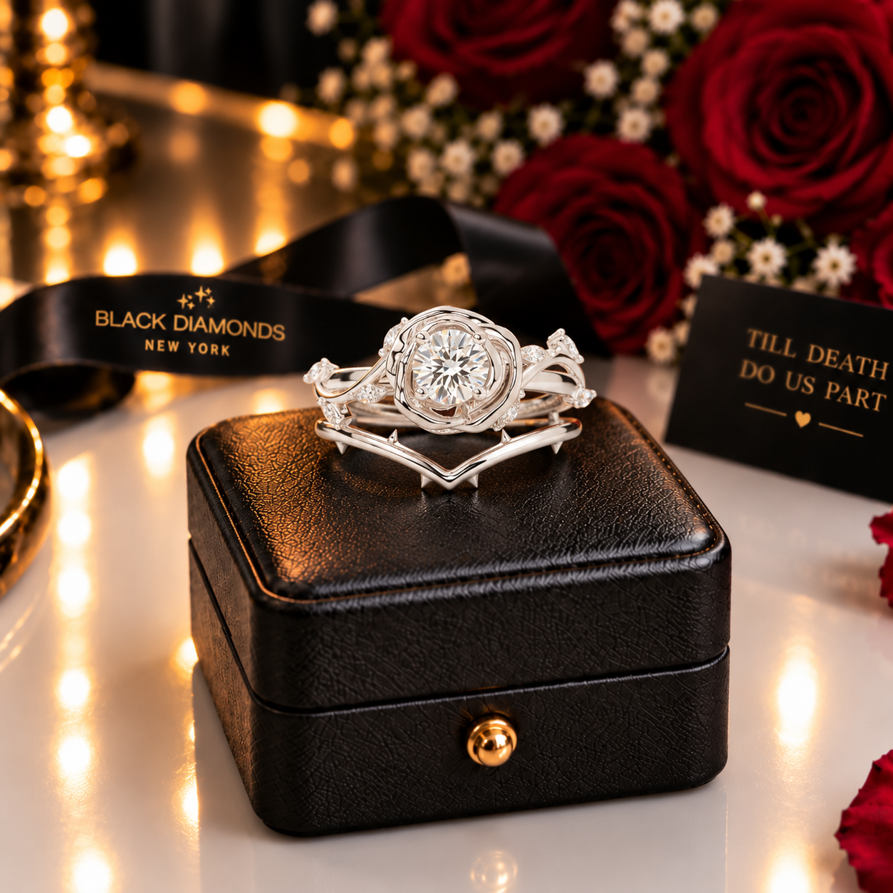 Black Rose- .50ct Round Cut Diamond Option 14k Gold Modern Goth Engagement Ring-Black Diamonds New York