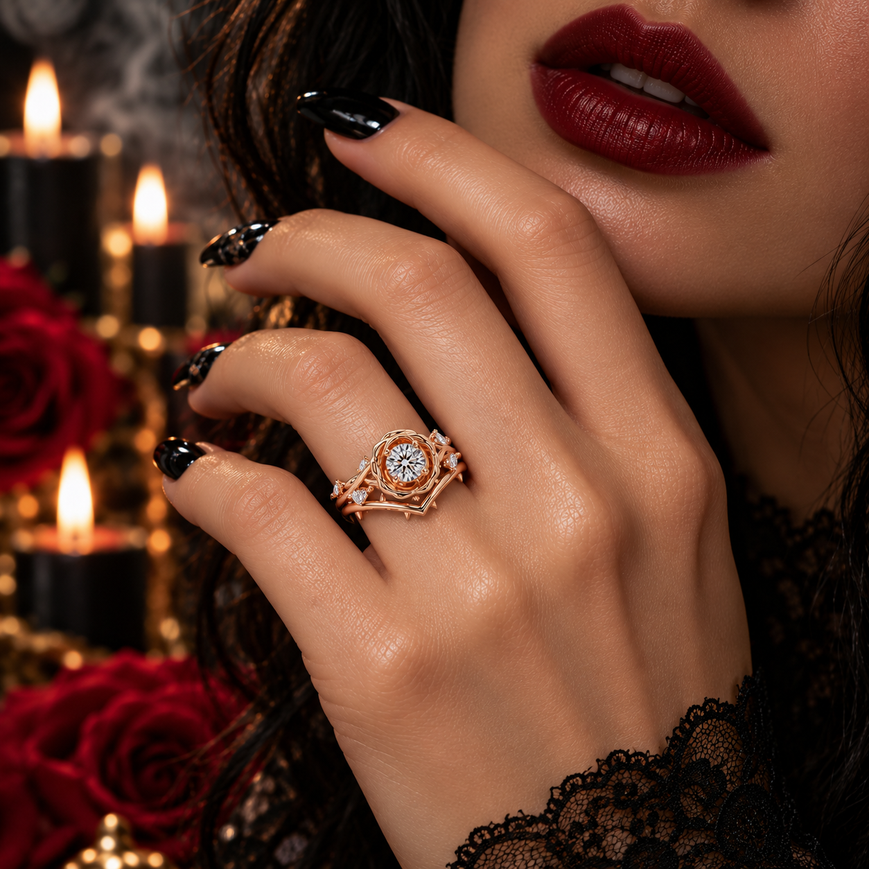 Black Rose- .50ct Round Cut Diamond Option 14k Gold Modern Goth Engagement Ring-Black Diamonds New York