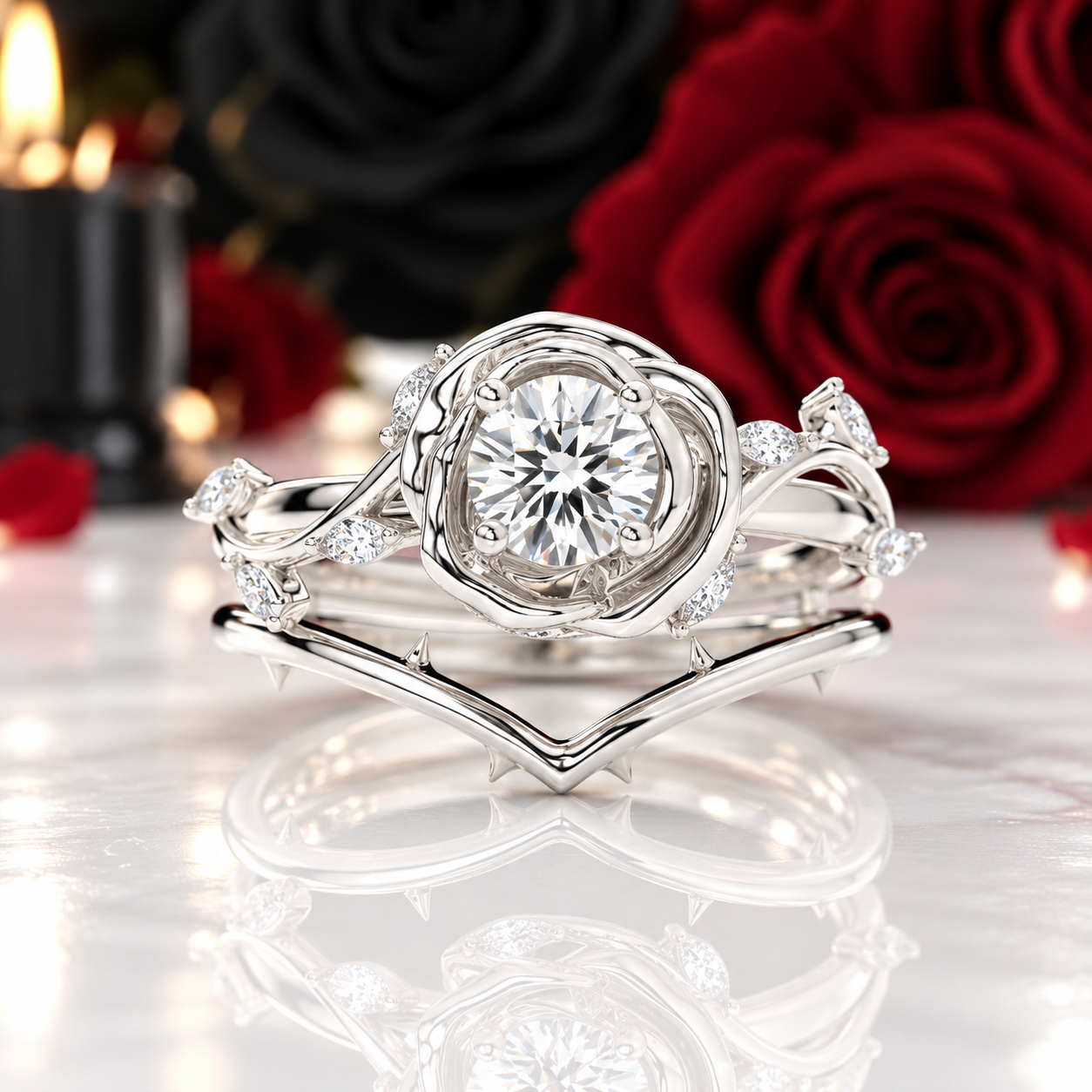 Black Rose- .50ct Round Cut Diamond Option 14k Gold Modern Goth Engagement Ring-Black Diamonds New York