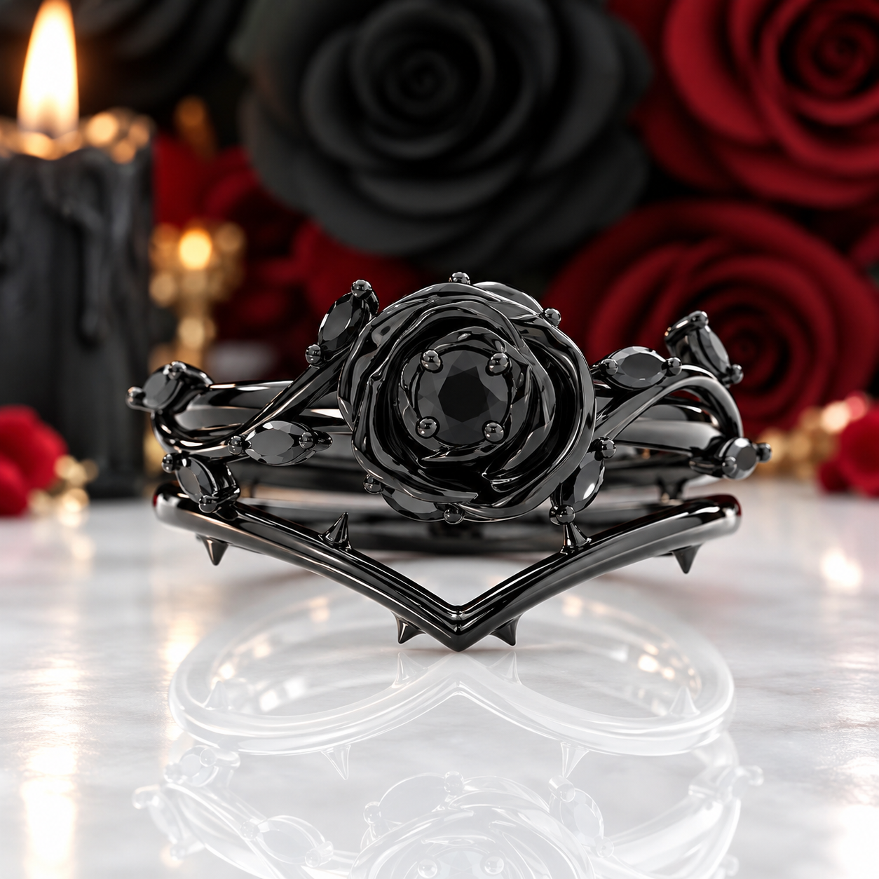 Black Rose- .50ct Round Cut Diamond Option 14k Gold Modern Goth Engagement Ring-Black Diamonds New York