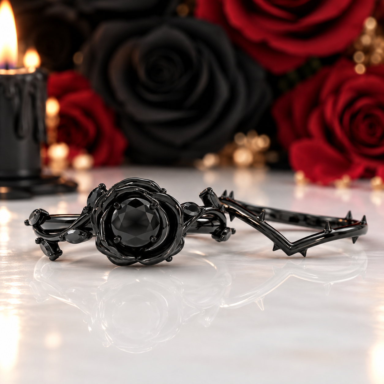 Black Rose- .50ct Round Cut Diamond Option 14k Gold Modern Goth Engagement Ring-Black Diamonds New York