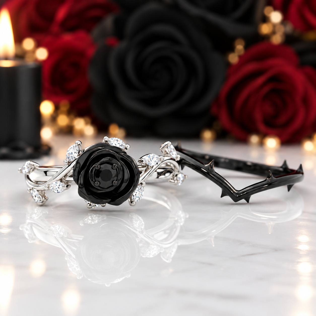 Black Rose- .50ct Round Cut Diamond Option 14k Gold Modern Goth Engagement Ring-Black Diamonds New York