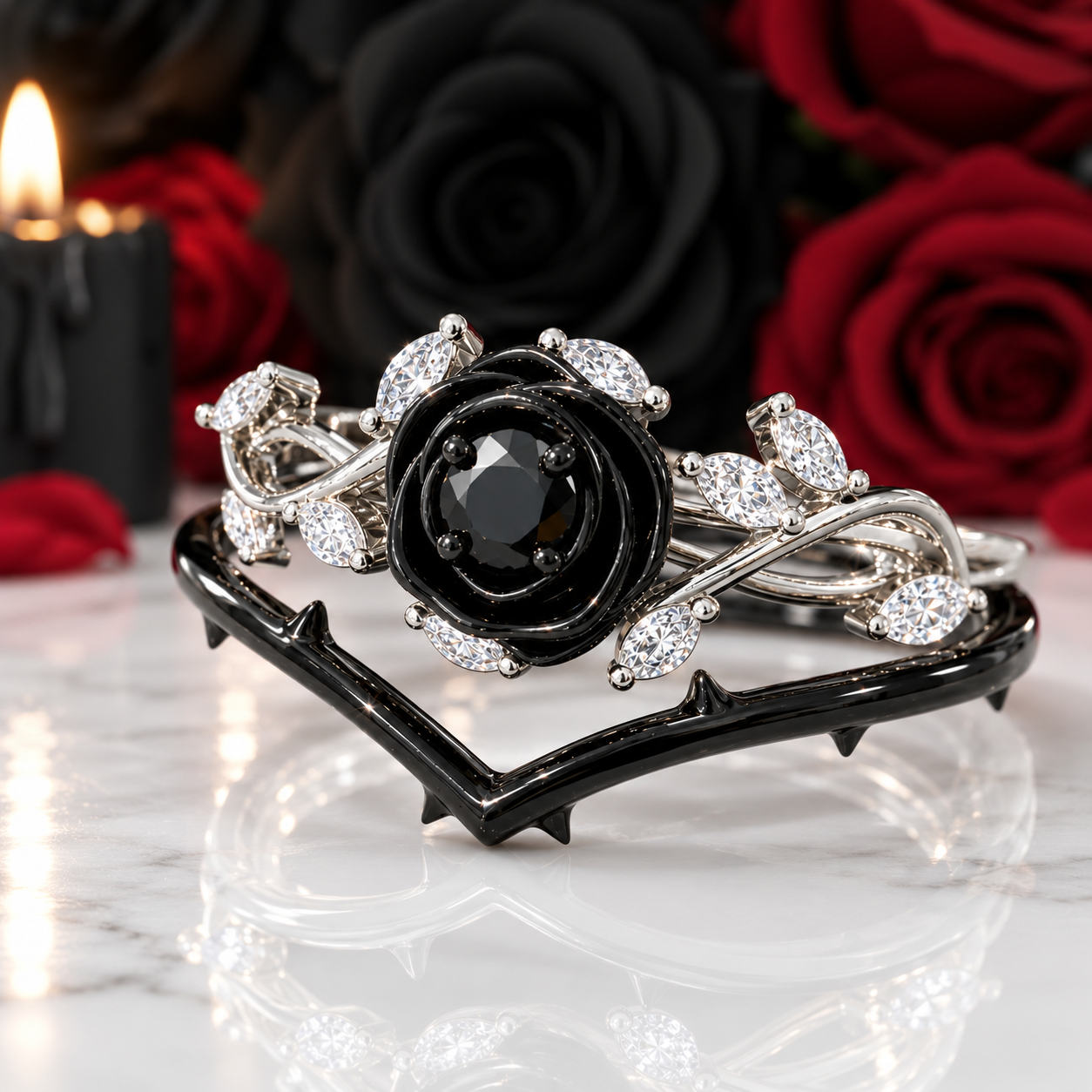 Black Rose- .50ct Round Cut Diamond Option 14k Gold Modern Goth Engagement Ring-Black Diamonds New York