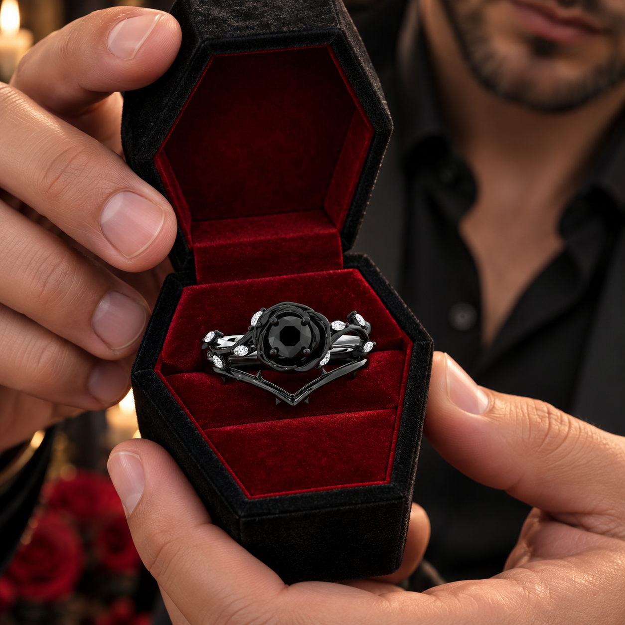Black Rose- .50ct Round Cut Diamond Option Modern Goth Engagement Rings-Black Diamonds New York