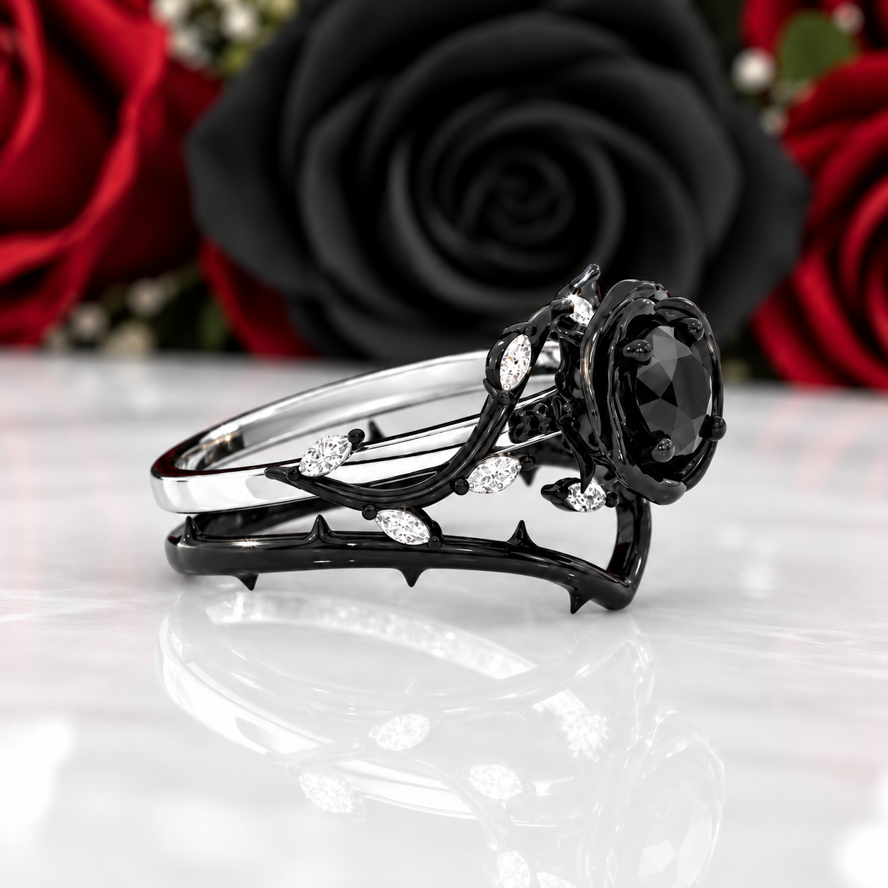 Black Rose- .50ct Round Cut Diamond Option Modern Goth Engagement Rings-Black Diamonds New York