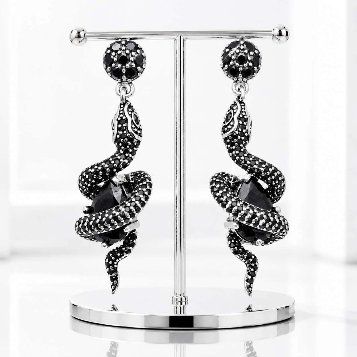 Black Snake with Stone Vintage Drop Earrings-Black Diamonds New York