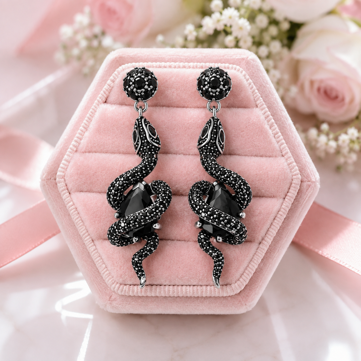 Black Snake with Stone Vintage Drop Earrings-Black Diamonds New York