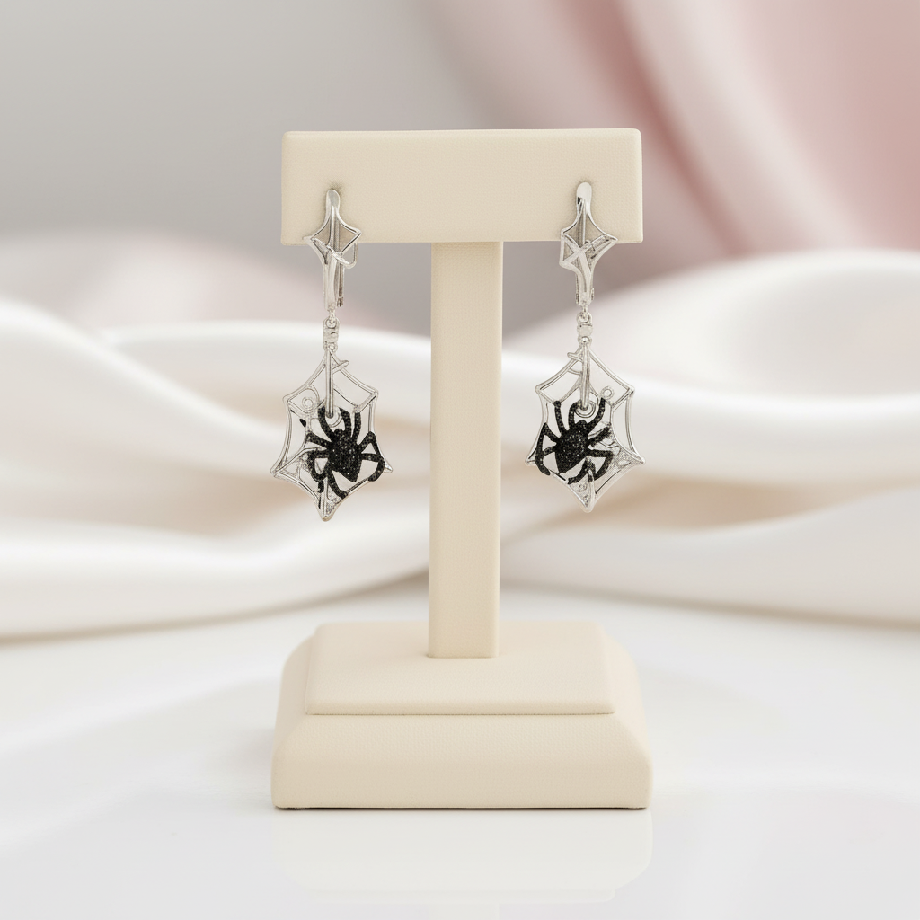 Black Spider in Cob Web Dangle Earrings-Black Diamonds New York
