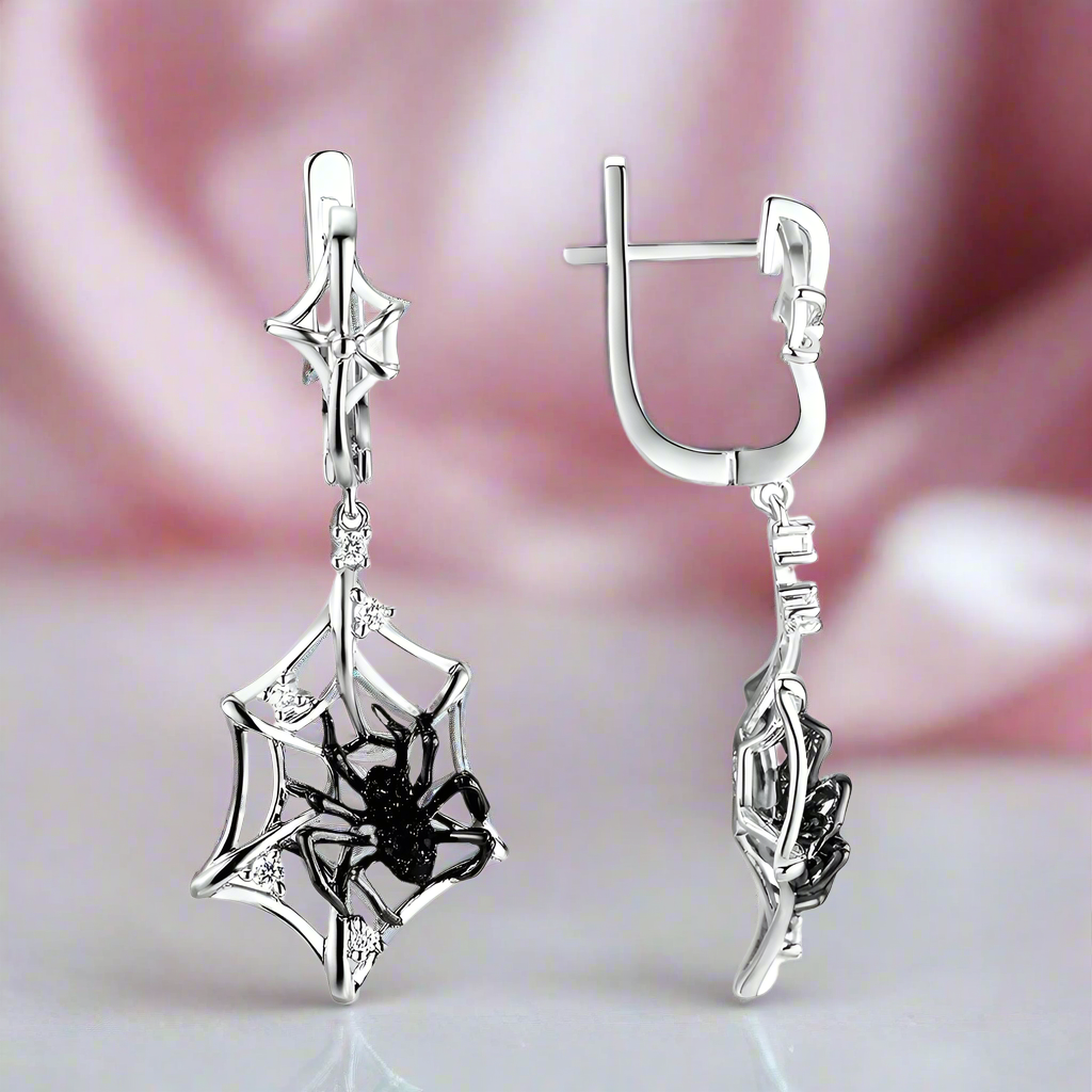 Black Spider in Cob Web Dangle Earrings-Black Diamonds New York