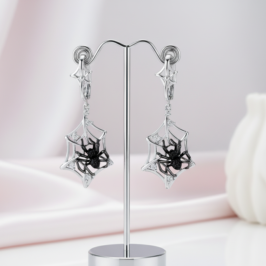 Black Spider in Cob Web Dangle Earrings-Black Diamonds New York