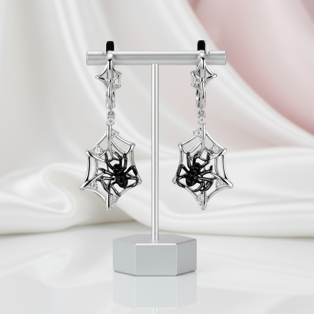 Black Spider in Cob Web Dangle Earrings-Black Diamonds New York