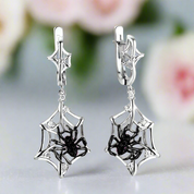 Black Spider in Cob Web Dangle Earrings-Black Diamonds New York
