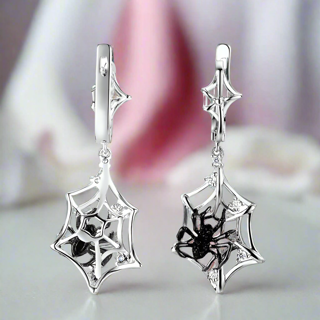 Black Spider in Cob Web Dangle Earrings-Black Diamonds New York