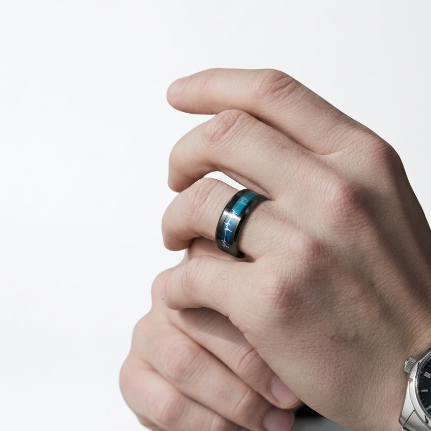 Black Tungsten Carbide Men's Ring with Heart Beat Blue Inlay-Black Diamonds New York