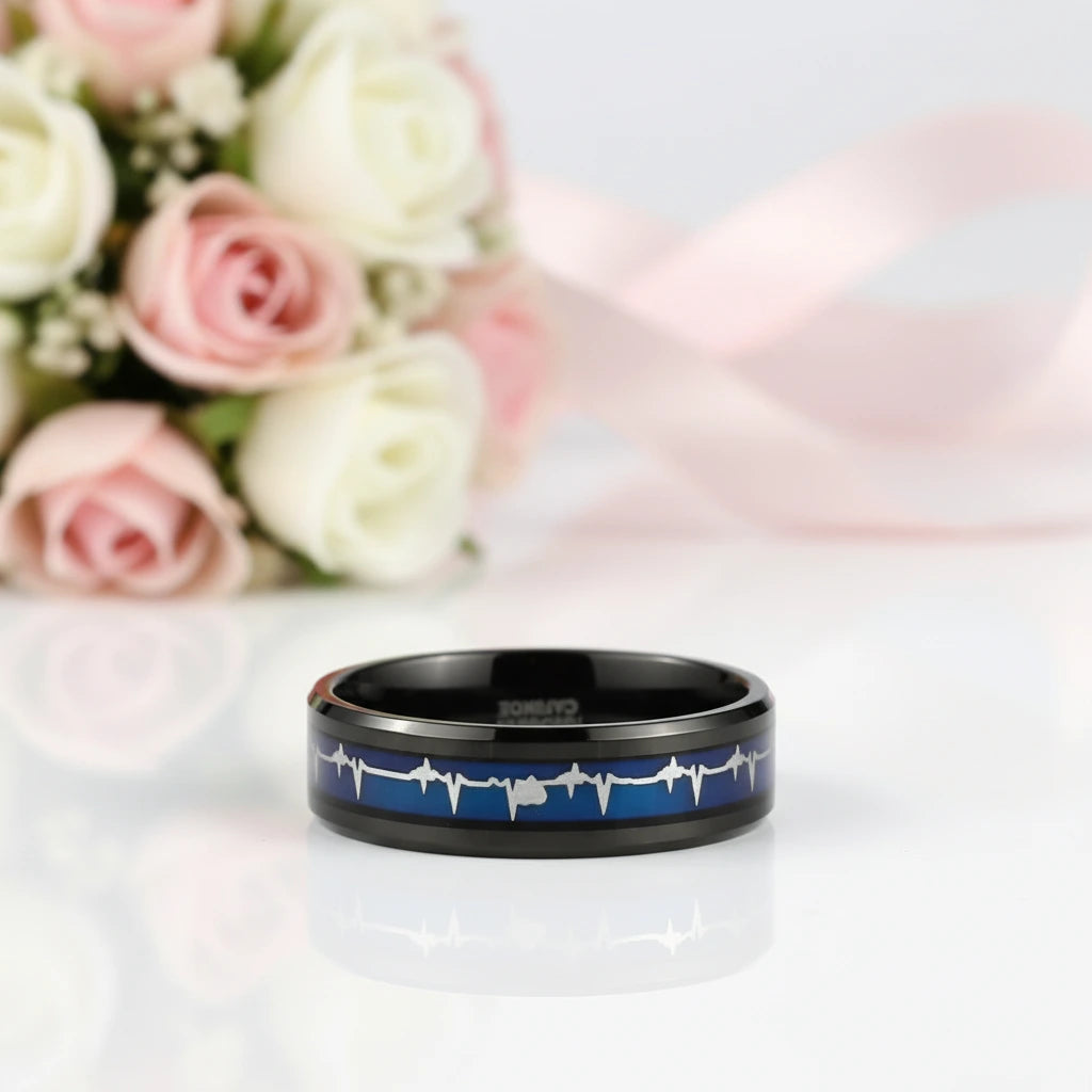Black Tungsten Carbide Men's Ring with Heart Beat Blue Inlay-Black Diamonds New York