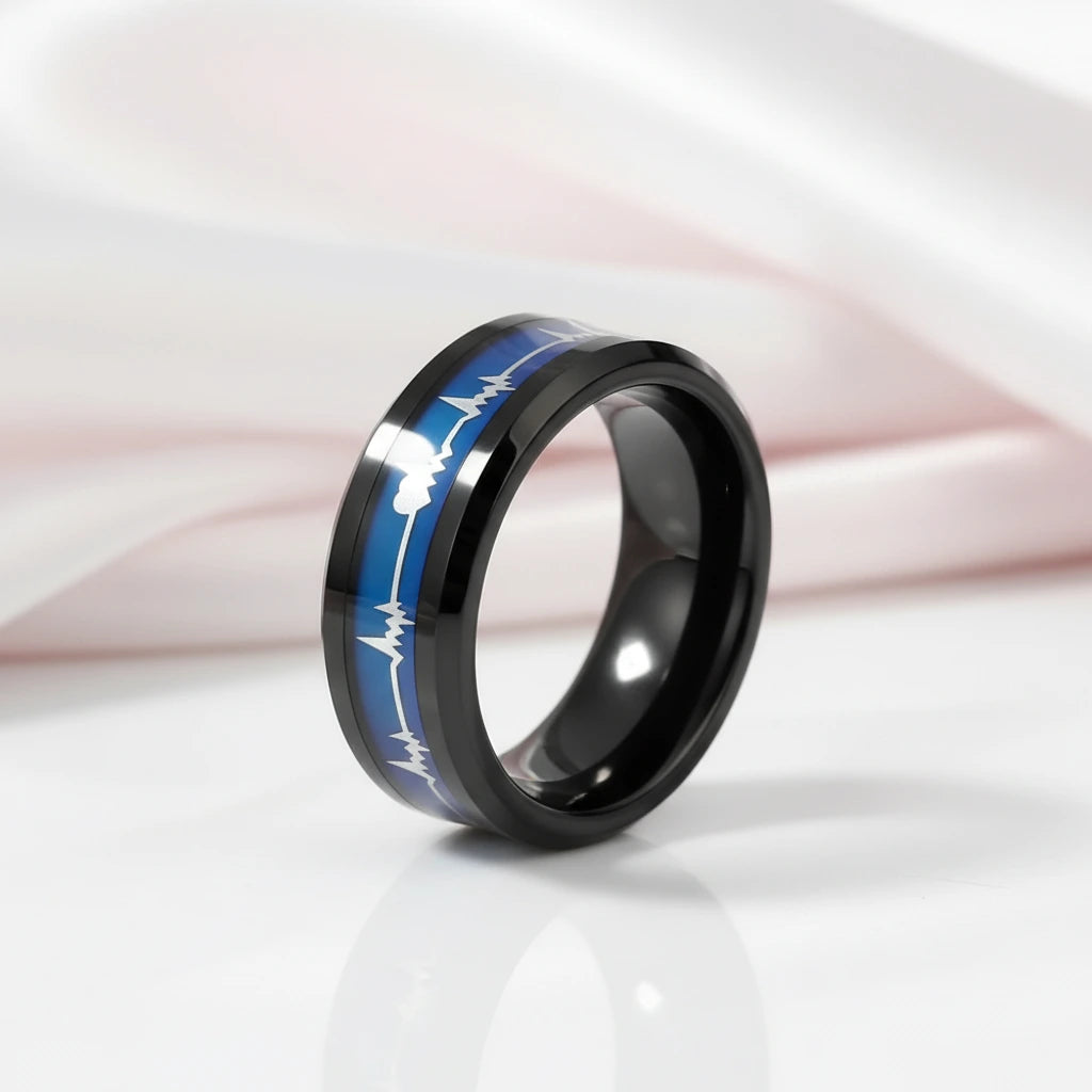 Black Tungsten Carbide Men's Ring with Heart Beat Blue Inlay-Black Diamonds New York