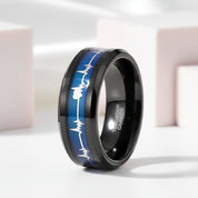 Black Tungsten Carbide Men's Ring with Heart Beat Blue Inlay-Black Diamonds New York