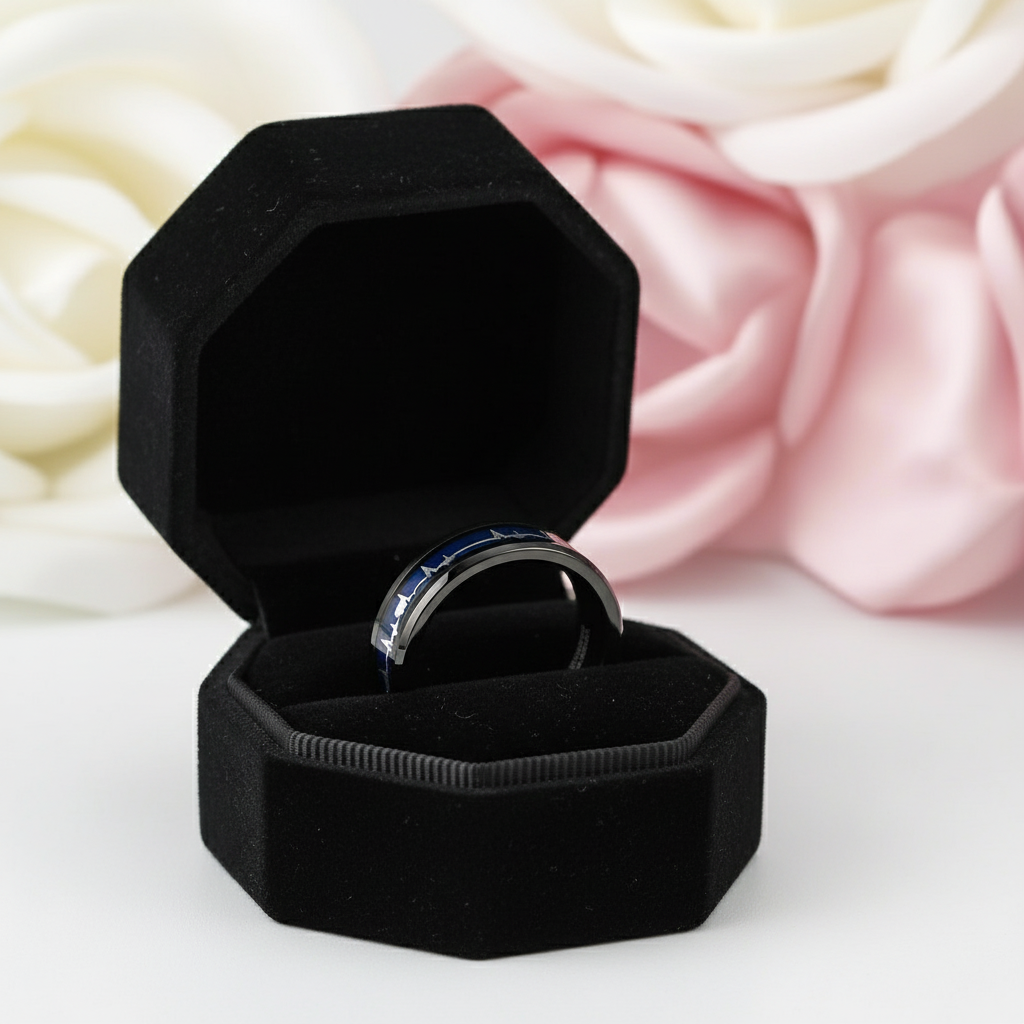 Black Tungsten Carbide Men's Ring with Heart Beat Blue Inlay-Black Diamonds New York