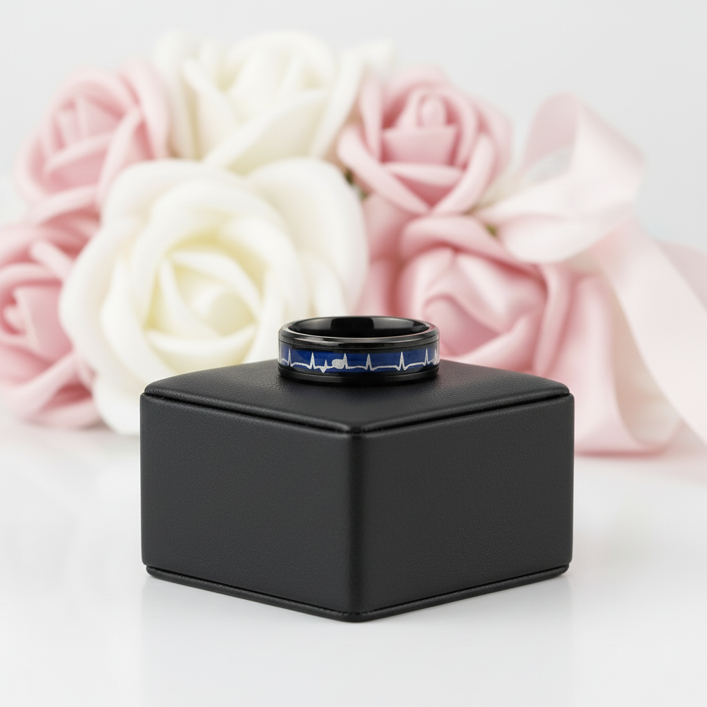 Black Tungsten Carbide Men's Ring with Heart Beat Blue Inlay-Black Diamonds New York