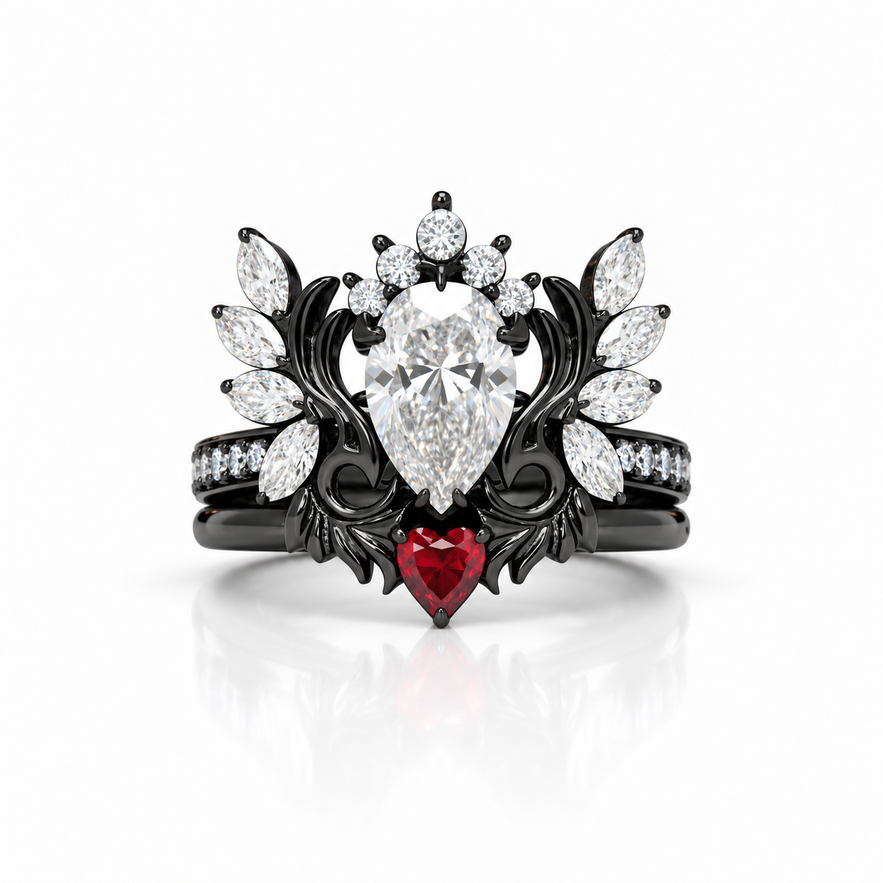 Angel's Wings- 14k White Gold Pear Cut and Red Heart Diamond Option Gothic Promise Ring-Black Diamonds New York