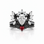 Angel's Wings- 14k White Gold Pear Cut and Red Heart Diamond Option Gothic Promise Ring-Black Diamonds New York