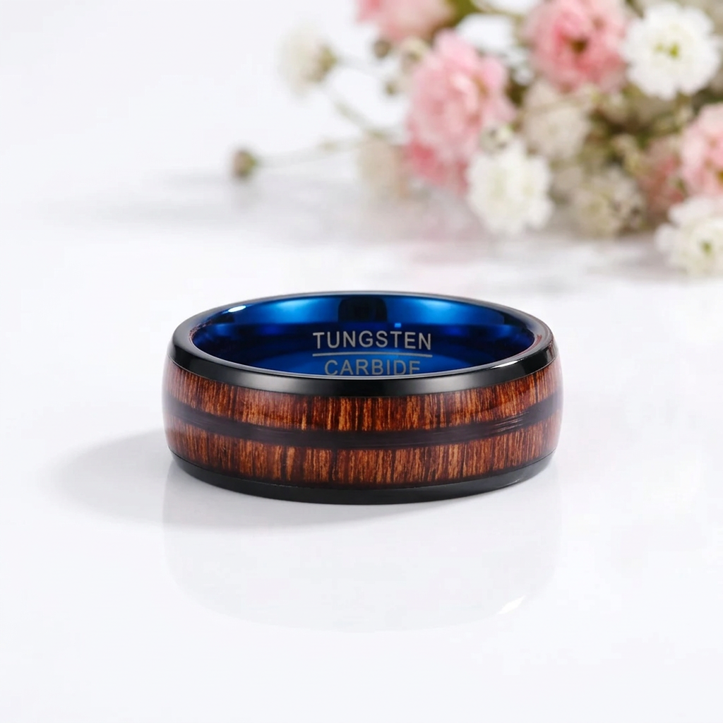 Black and Blue Dome Double Groove Acacia Wood Inlaid Tungsten Men's Ring-Black Diamonds New York