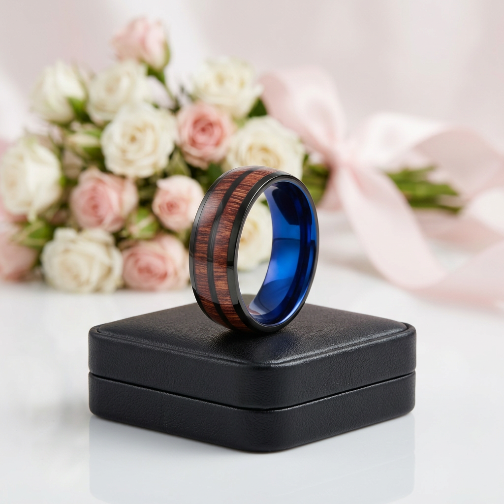 Black and Blue Dome Double Groove Acacia Wood Inlaid Tungsten Men's Ring-Black Diamonds New York