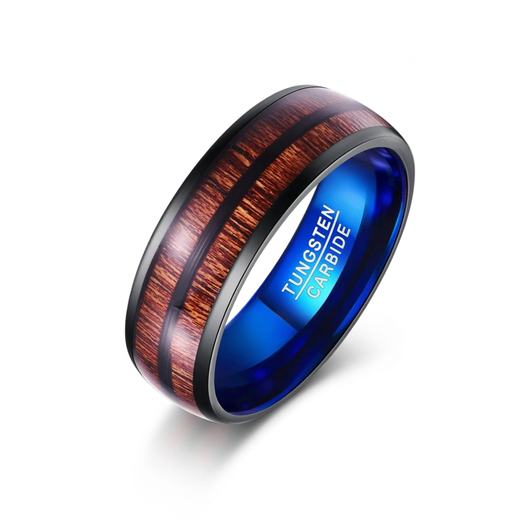 Black and Blue Dome Double Groove Acacia Wood Inlaid Tungsten Men's Ring-Black Diamonds New York